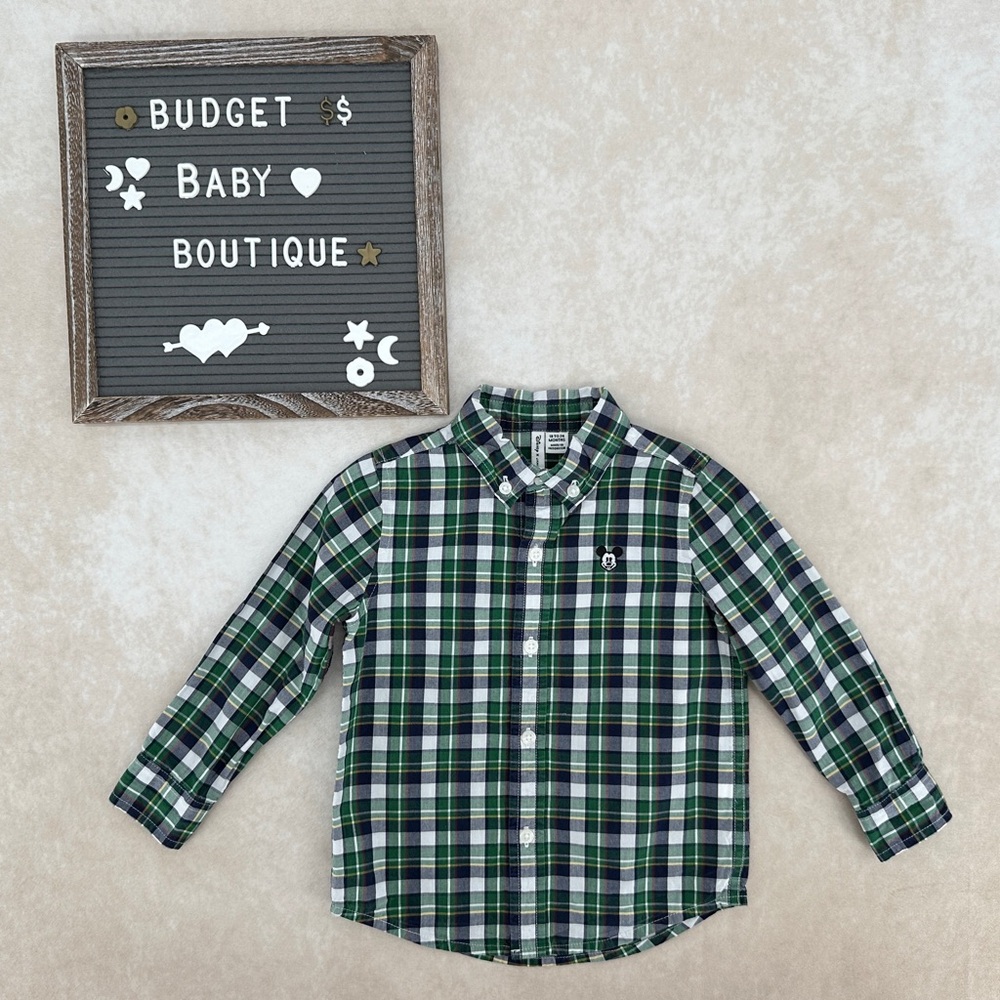 Janie and Jack Disney Mickey Green and Blue Plaid Button Down Shirt